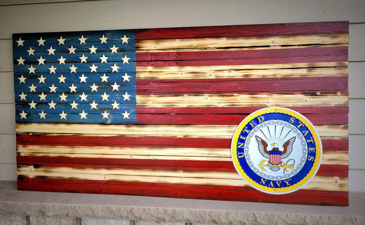 Army/ Marine/ Navy/ Air Force wood flag.