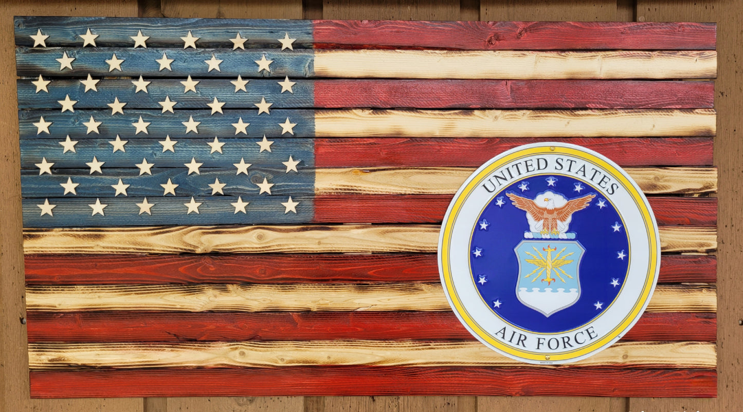 Army/ Marine/ Navy/ Air Force wood flag.