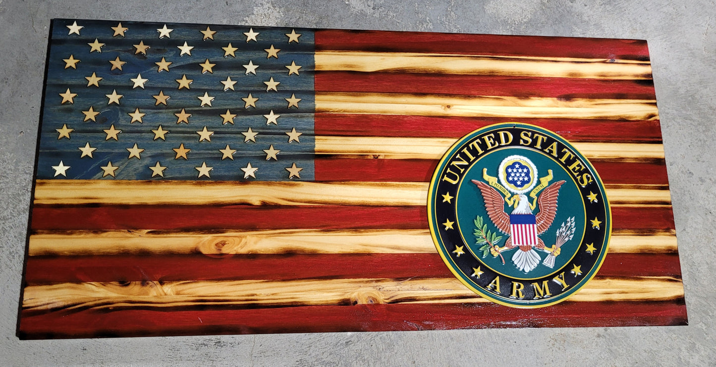 Army/ Marine/ Navy/ Air Force wood flag.