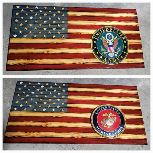 Army/ Marine/ Navy/ Air Force wood flag.